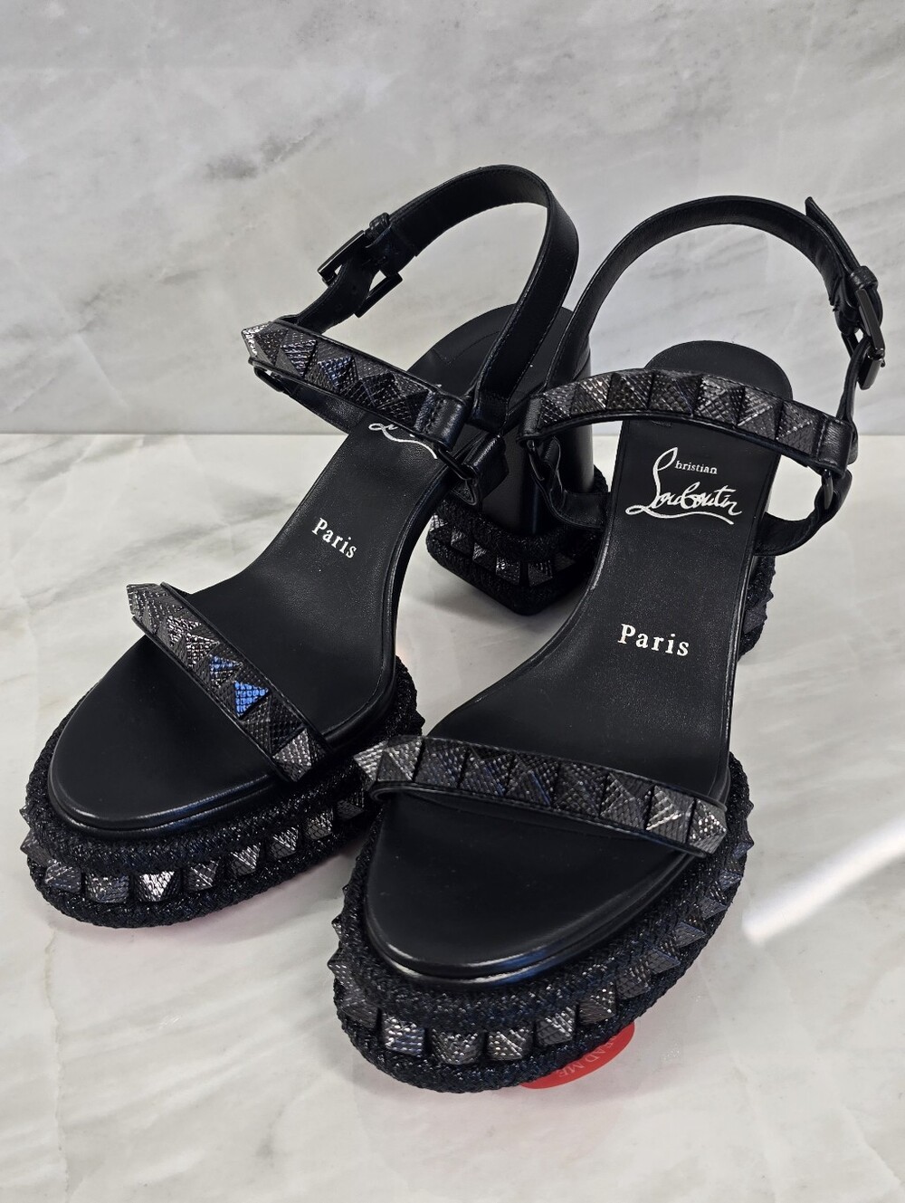 Christian Louboutin Black Studded Platform Sandals with Textured Straps